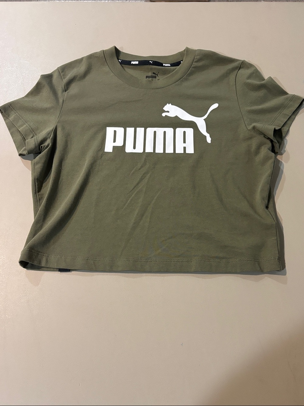 Puma Olive Green Cropped Crewneck Tee with White Puma Logo Never Worn Size M